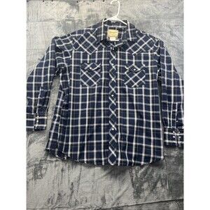 Wrangler Western Shirt Mens XL Navy Blue Plaid Cotton Pearl Snap Shirt Window